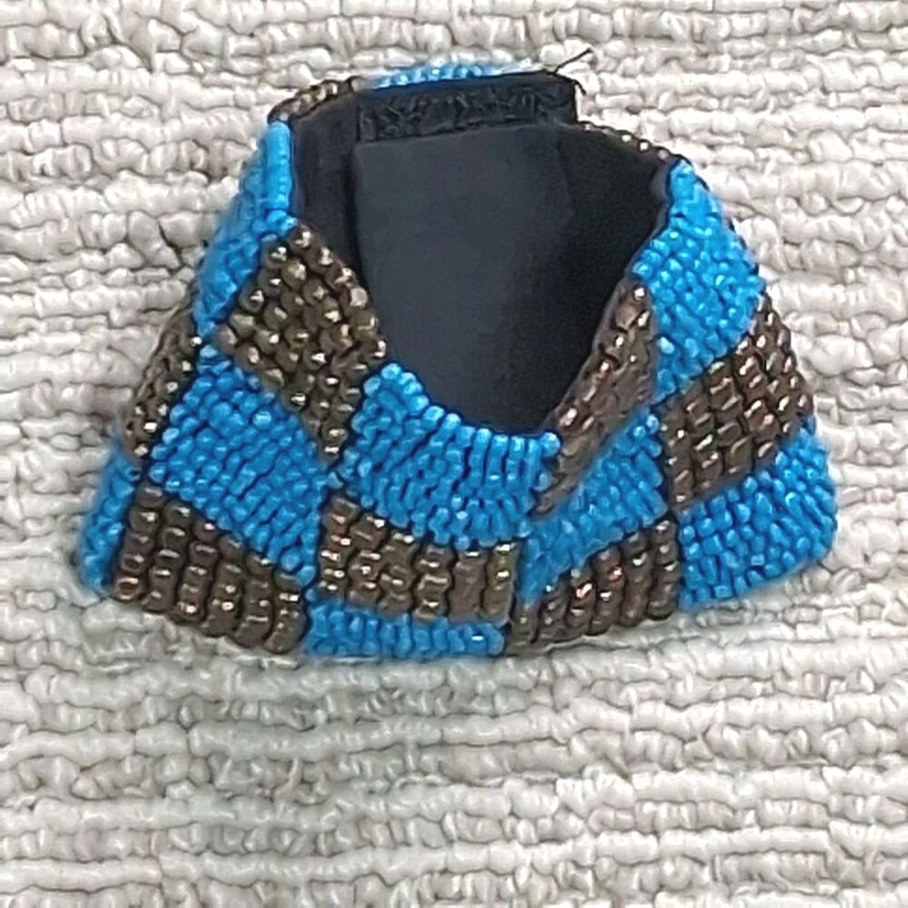 BEADED CHECKERBOARD CUFF BRACELET BLUE BRONZE SEED BEAD VEL-CROW WIDE WRAP